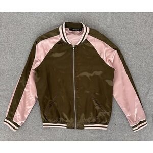 TICTOC Satin Varsity Jacket Small Zip Up Colorblock Green Pink Dazzle Shiny Coat